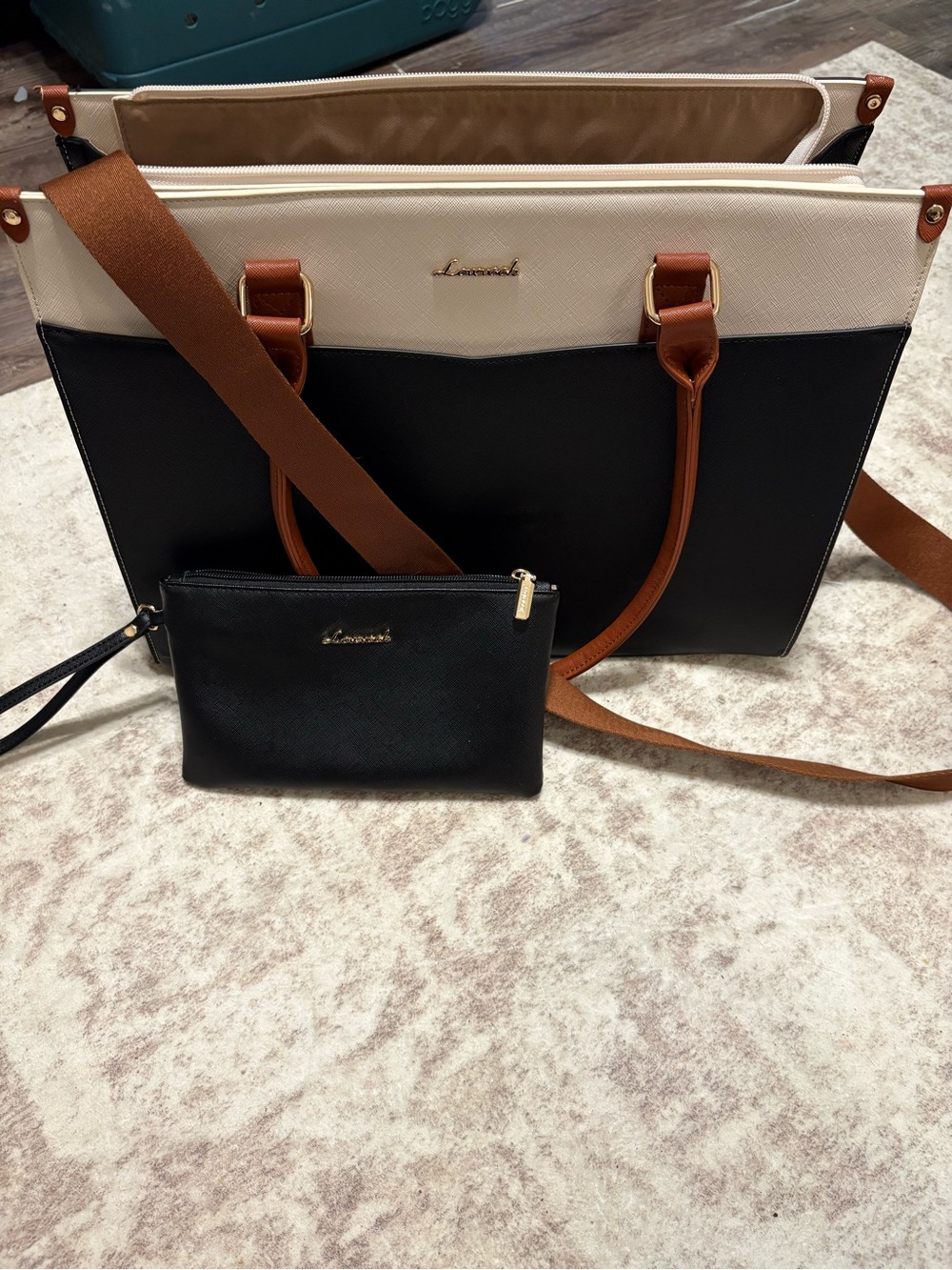 Laoreal Two-Tone Black & Cream Tote with Brown Trim and Wristlet